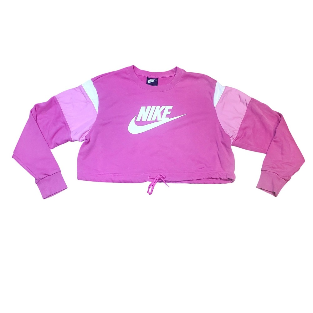 Nike Women's Sportswear Heritage Crop Crew Sweatshirt Pink White Colorblock Sz M